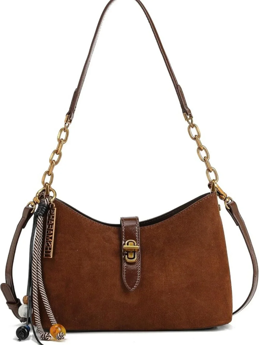 Lightweight Suede Crescent Shoulder Bag, Hobo Purse with Chain & Adjustable